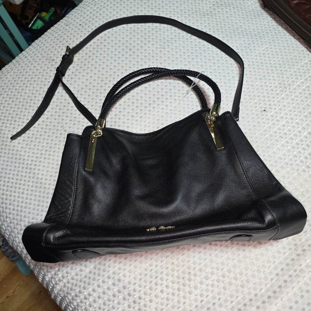 LAORENTOU BLACK GENUINE LEATHER SATCHEL BAG WITH CROSSBODY STRAP